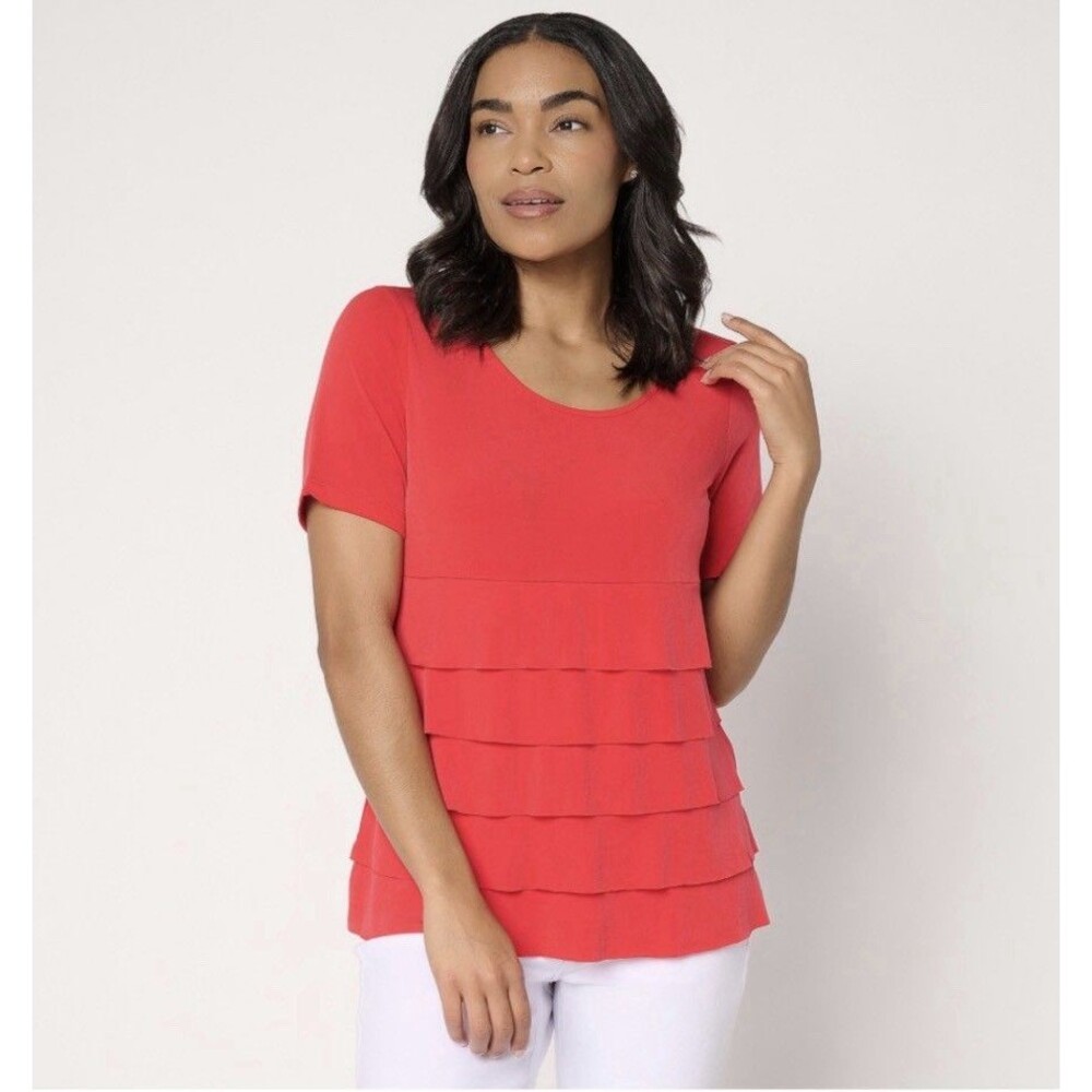 Susan Graver Liquid Knit Short Sleeve Scoop-Neck Tiered Top Size Large Red